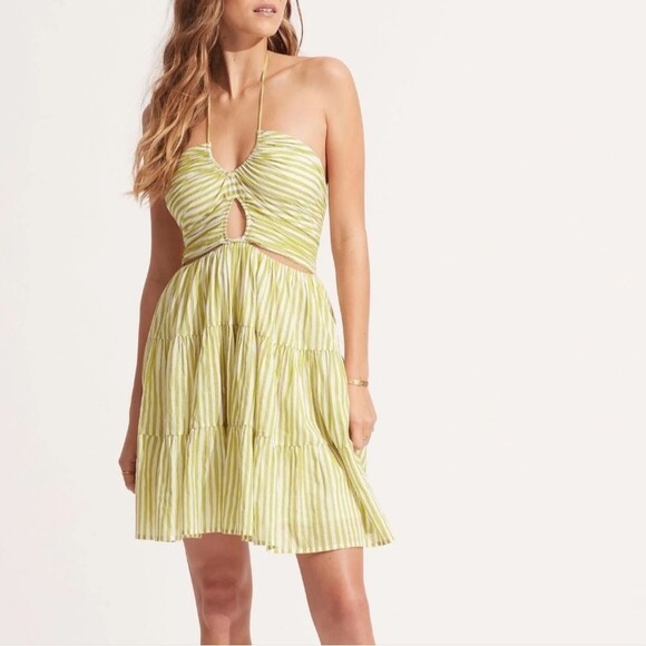 Seafolly Stripe Tier Mini Dress Small Olive Lined Australia Cut Out Summer Chic - Picture 1 of 11